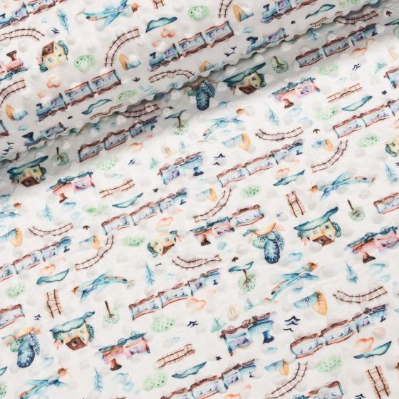 Minky dětské 3911 27 modré vláčky na bílé, š.145cm (látka v metráži)