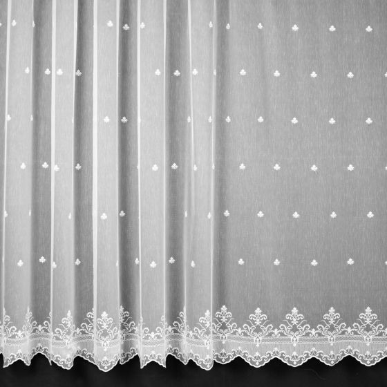 Organzová záclona 27018, vyšívané ornamenty, s bordurou, bílá (více výšek, v metráži)