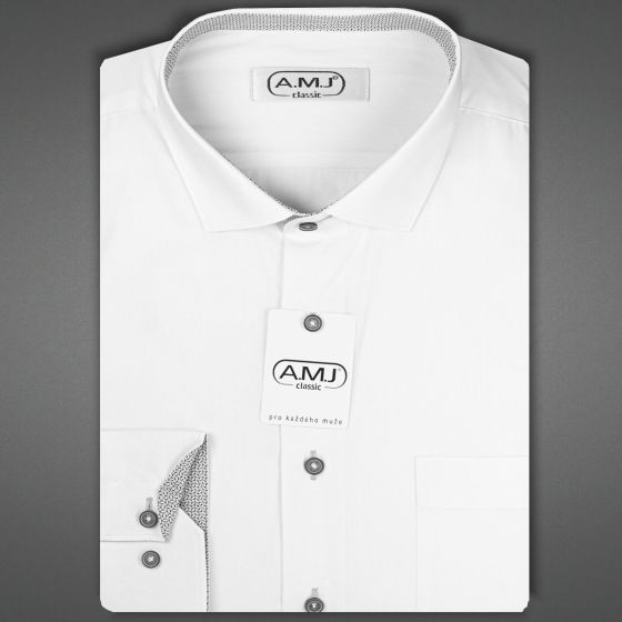 Pánská košile AMJ jednobarevná JDR018/34, bílá se světle šedými doplňky, dlouhý rukáv, regular fit