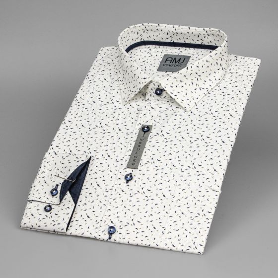 Pánská košile AMJ bavlněná, bílá s modrými a hnědými vlnkami, VDBR1309, dlouhý rukáv (regular + slim-fit + prodloužený slim-fit)