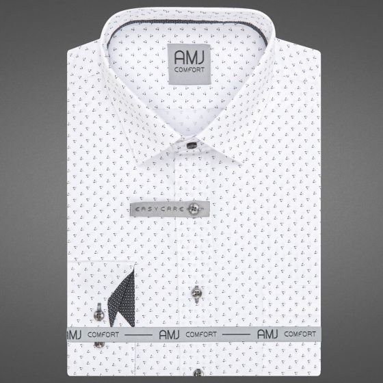 Pánská košile AMJ bavlněná, bílá s černými trojúhelníčky, VDBR1329, dlouhý rukáv (regular + slim-fit)