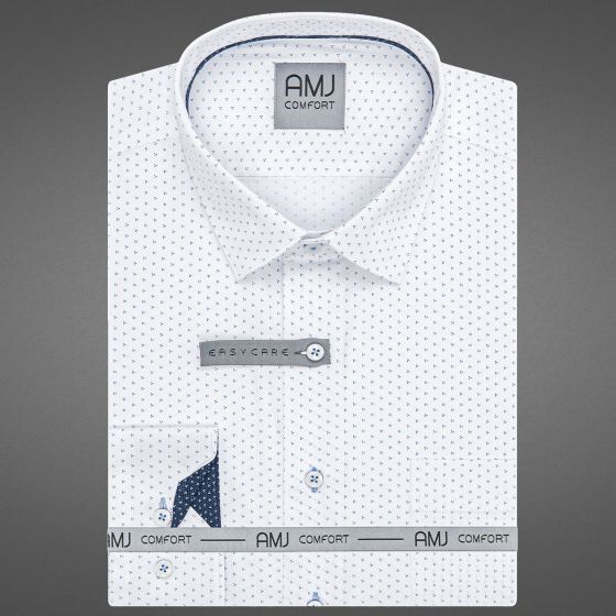 Pánská košile AMJ bavlněná, bílá s modrými tečkovanými trojúhelníky VDBR1351, dlouhý rukáv (regular + slim-fit)