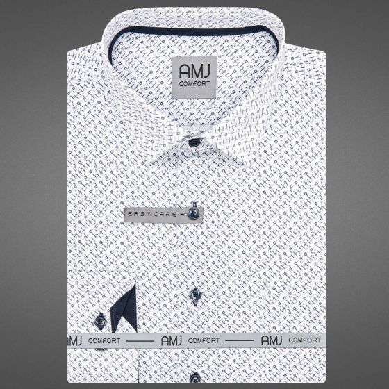 Pánská košile AMJ bavlněná, bílá s tmavě modrými kostičkami a čárkami VDBR1400, dlouhý rukáv (regular + slim-fit + prodloužený slim-fit)