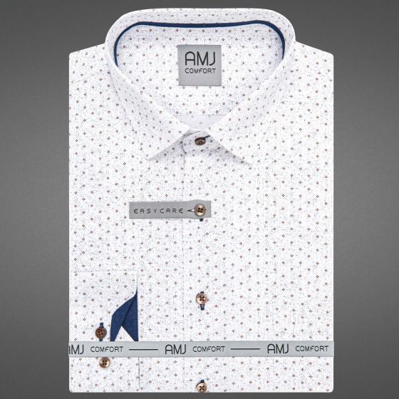 Pánská košile AMJ bavlněná, bílá s béžovými tečkami VDBR1414, dlouhý rukáv (regular + slim-fit + prodloužený slim-fit)
