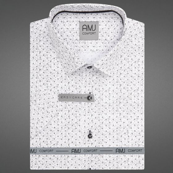 Pánská košile AMJ bavlněná, bílá, černě kropenatá, VKBR1447, krátký rukáv, (regular + slim fit)