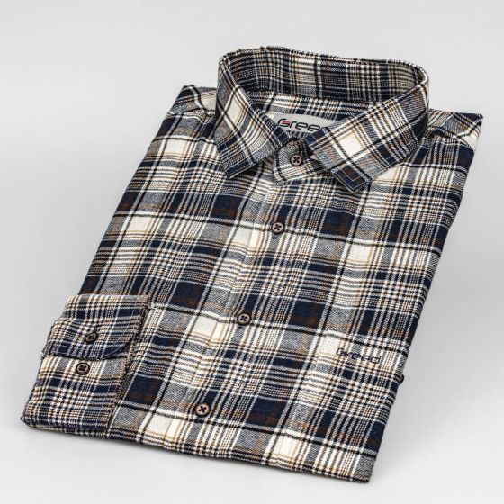 Pánská košile GREED flanelová, béžovo-modrá károvaná SDF383, dlouhý rukáv, regular fit