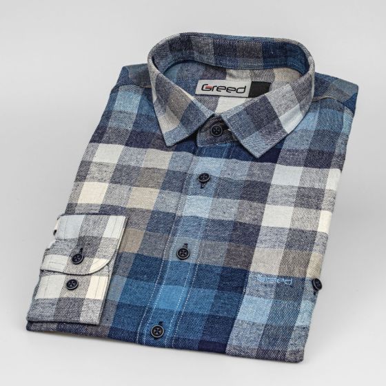 Pánská košile GREED flanelová, modro-béžová károvaná SDF384, dlouhý rukáv, regular fit