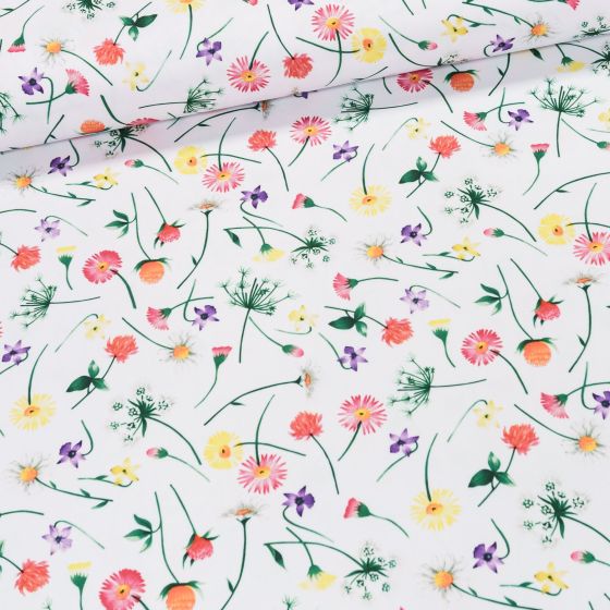 Polyesterové plátno s teflonovou úpravou / ubrusovina 25078/01, jarní květy na bílé, š.160cm (látka v metráži)