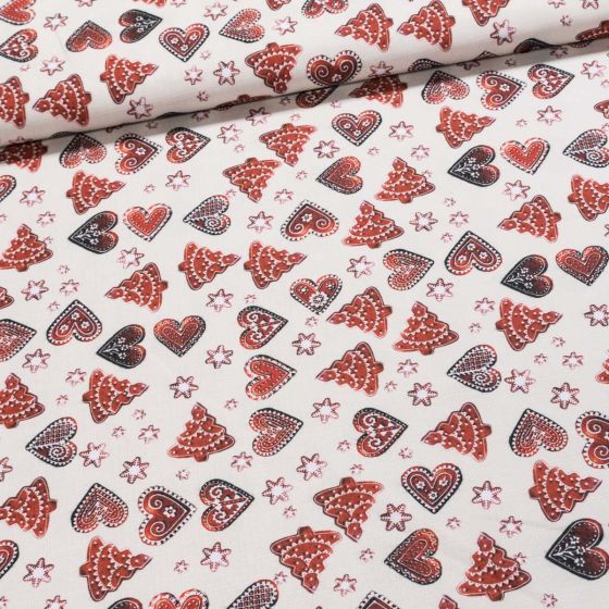 Polyesterové plátno s teflonovou úpravou / ubrusovina vánoční, perníčky na smetanové, š.160cm (látka v metráži)