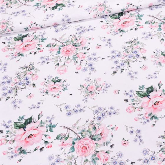 Polyesterové plátno se zátěrem / ubrusovina 8955-14, šípkové růže na bílé, š.155cm (látka v metráži)