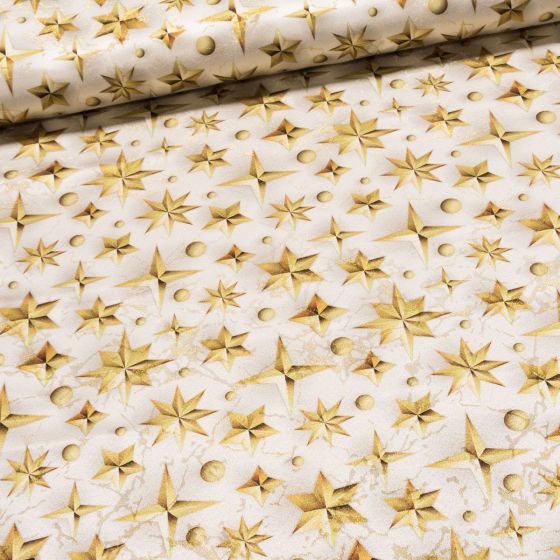 Polyesterové plátno vánoční J-GOLD 22379-1001 zlaté hvězdy a kuličky na smetanové , š.150cm (látka v metráži)