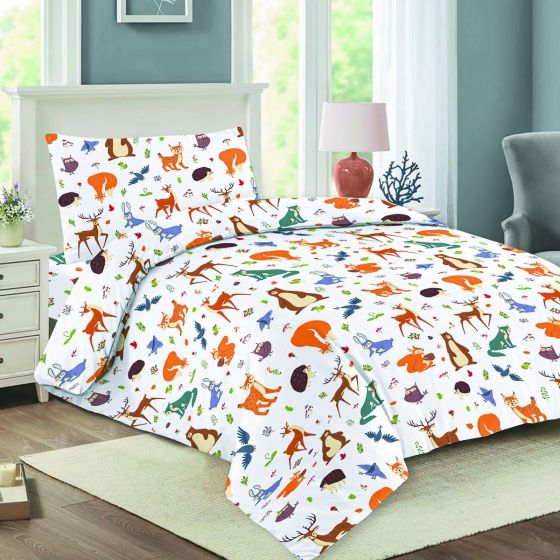 Dětské povlečení NELA 11 LESANKA, lesní zvířátka na bílé, bavlna hladká, 140x200cm + 70x90cm - ROZBALENO