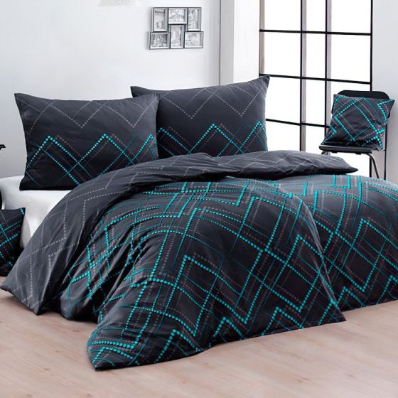 Povlečení Matějovský DEXTER, tmavě šedé s tyrkysovým kárem, (více materiálů, rozměrů)
