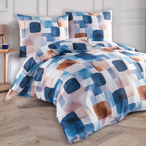 Povlečení ECHO, geometrický vzor, modro-hnědé, bavlněný satén, 140x200cm + 70x90cm
