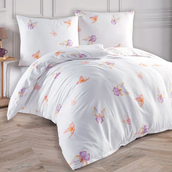Povlečení FLUTTER motýlci, bílé, bavlněný satén, 140x200cm + 70x90cm