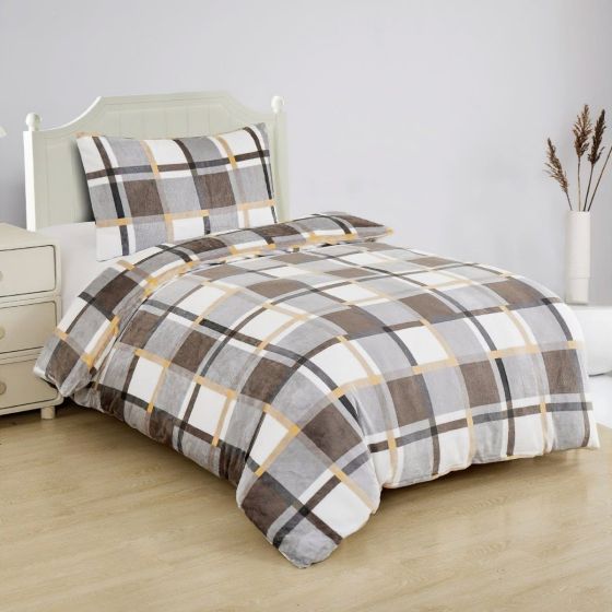 Povlečení KÁRO ŠEDOBÍLOŽLUTÉ, mikroflanel, 140x200cm + 70x90cm