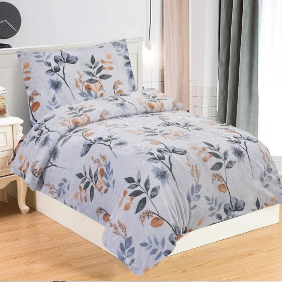 Povlečení GRETA, šedé a hnědé listy na světle šedé / bílé, mikroflanel, 140x200cm + 70x90cm