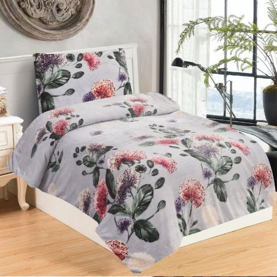 Povlečení MARGOT, růžové a fialové květy na světle šedé, mikroflanel, 140x200cm + 70x90cm