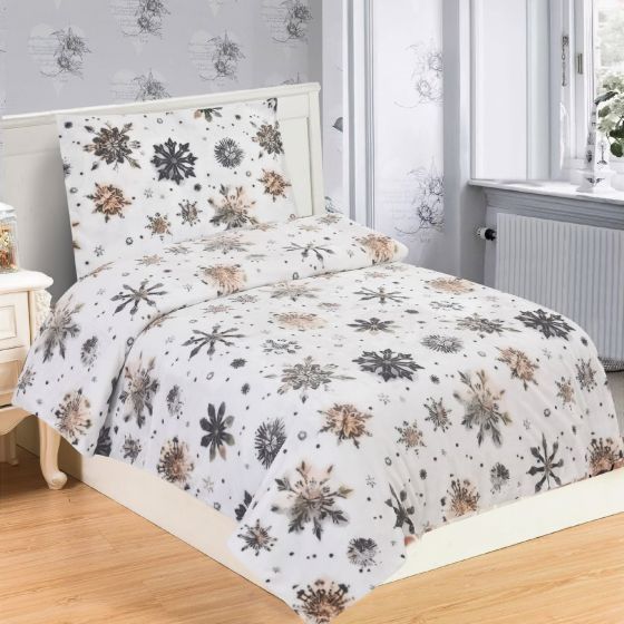 Povlečení NORD FLAKE, hnědé vločky na bílé, mikroflanel, 140x200cm + 70x90cm
