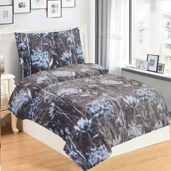 Povlečení RITTA, fialovo-modré květy na hnědé, mikroflanel, 140x200cm + 70x90cm