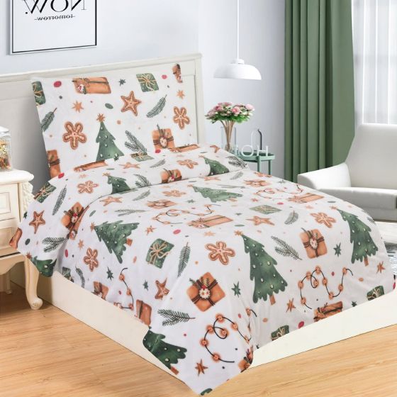 Povlečení WOOD, vánoční stromky a dárky na bílé, mikroflanel, 140x200cm + 70x90cm