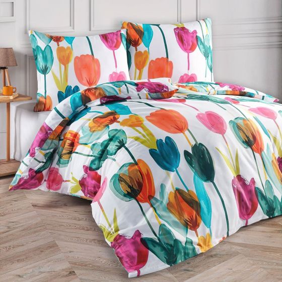 Povlečení TULIPI, barevné tulipány, bavlněný satén, 140x200cm + 70x90cm