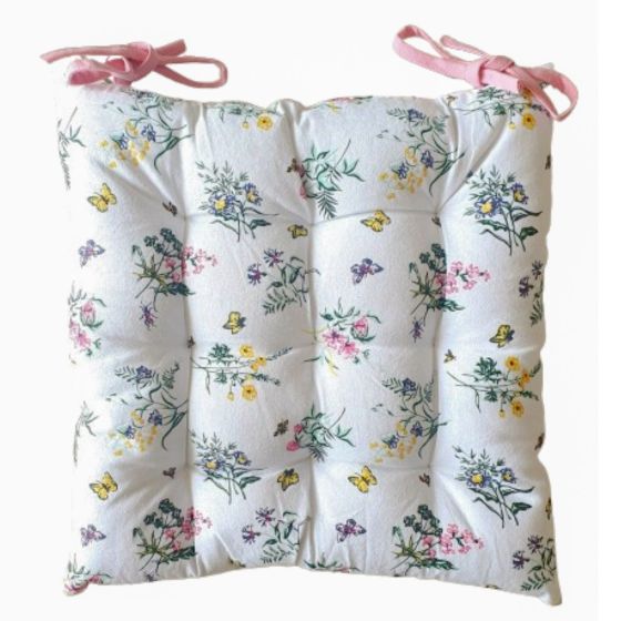 Prošívaný sedák QK-179, luční kvítí, bílo-růžová, čtverec 40x40cm