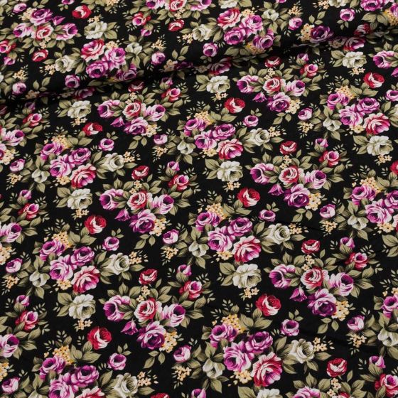 Šatovka bavlněná 0057/01 růžové růžičky na černé, š.145cm (látka v metráži)