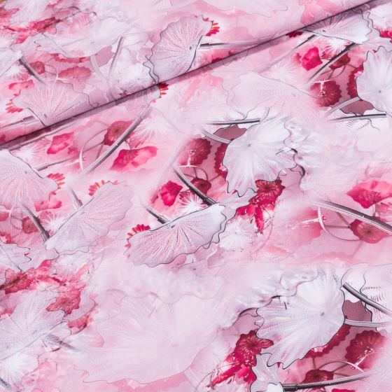 Šatovka / polyesterové hedvábí EXTRA TISK 7100/09, ginko na růžové, š.150cm (látka v metráži)
