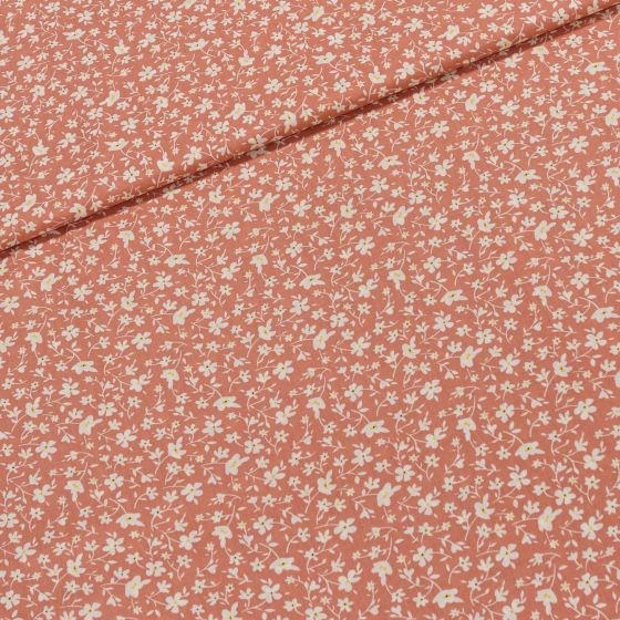 Šatovka viskózová 3135I, drobné kvítky na lososové, š.140cm (látka v metráži)