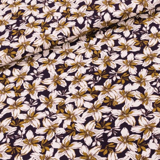 Šatovka viskózová 3176-006, béžové květy na temně fialové, š.140cm (látka v metráži)