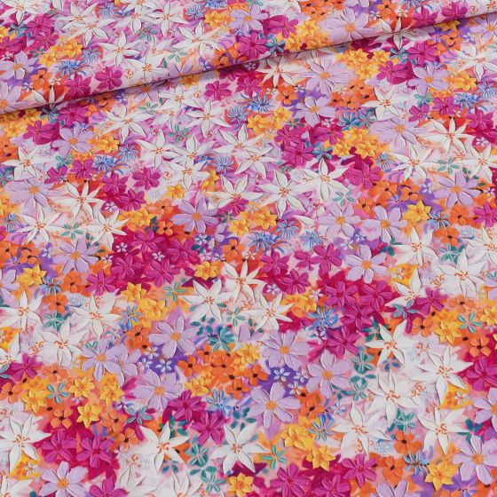 Šatovka viskózová 5343-001, oranžové a růžové květiny, š.140cm (látka v metráži)