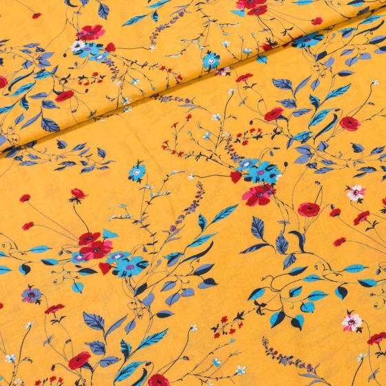 Šatovka viskózová ADALYSSA, modro-červené květy na okrové, š.145cm (látka v metráži)