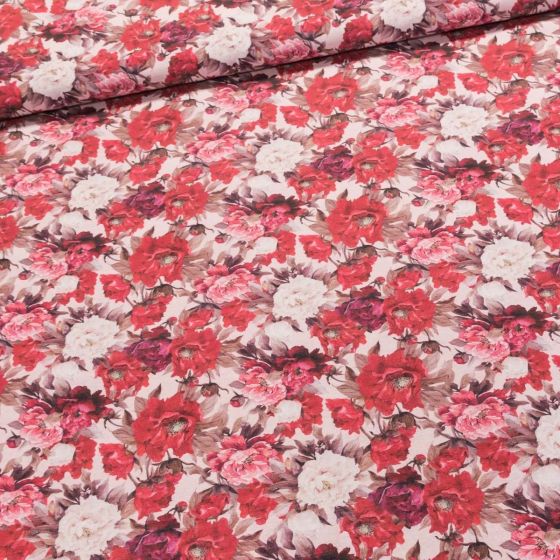 Směsové plátno 2023-9, červené a bílé květiny, š.140cm (látka v metráži)