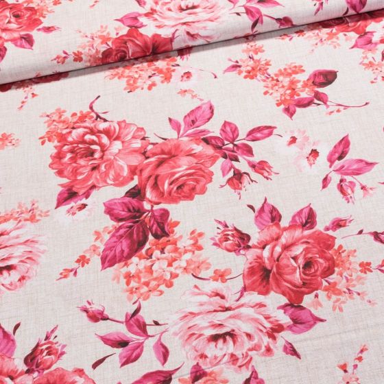 Směsové plátno 303030 MASAVE ČERVENÁ, červené květy na režné, š.140cm (látka v metráži)