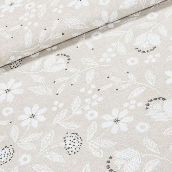 Směsové plátno ADA BÉŽOVÁ, bílé květiny, š.140cm (látka v metráži)