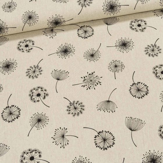 Směsové plátno CALIPSO BLOOM, černé chmýří pampelišky na režné, š.140cm (látka v metráži)