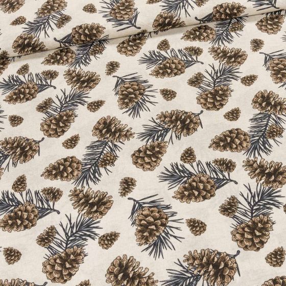 Směsové plátno CHRIS 12, šišky na béžové, š.140cm (látka v metráži)