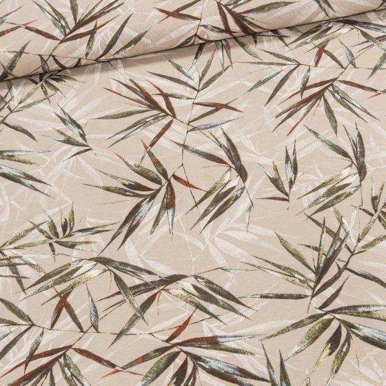Směsové plátno COSTARICA ŠEDÁ, bambusové listy na béžové, š.140cm (látka v metráži)