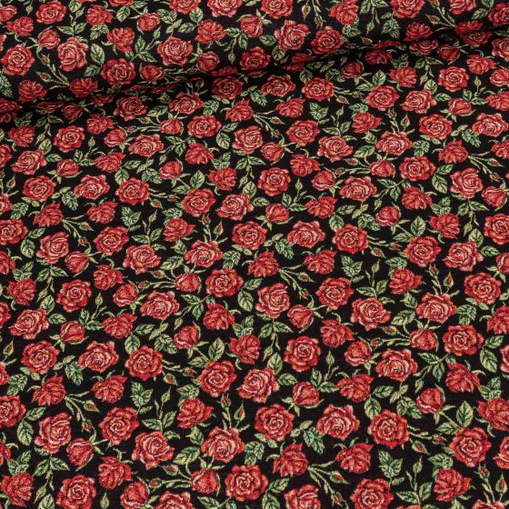 Směsové plátno (gobelín) 251030-1748-315, červené růžičky na černé, š.140cm (látka v metráži)