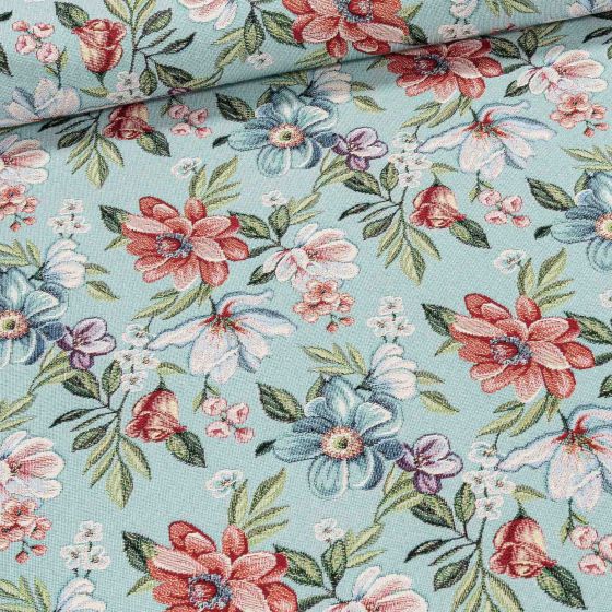 Směsové plátno (gobelín) 513033/128, květiny na modré, š.140cm (látka v metráži)