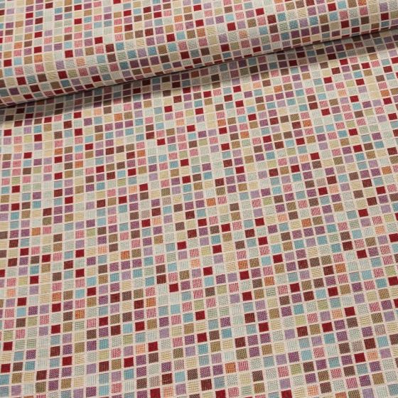 Směsové plátno (gobelín) JACQUARD GEO barevné kostičky, červená, š.140cm (látka v metráži)