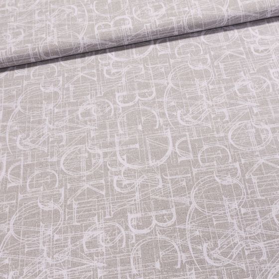 Směsové plátno LEONARDO ŠEDÁ písmena na šedé, š.140cm (látka v metráži)