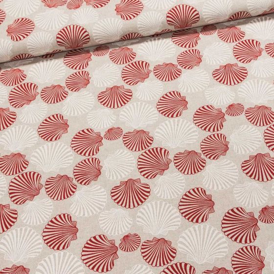 Směsové plátno PETXINA bílé a červené mušle na režné, š.140cm (látka v metráži)