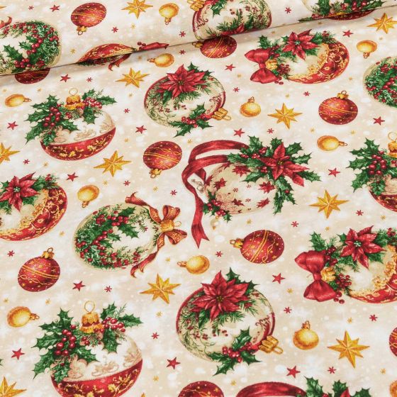 Směsové plátno vánoční 513030 BONDAD UNICO, vánoční růže a červené baňky na béžové, š.140cm (látka v metráži)