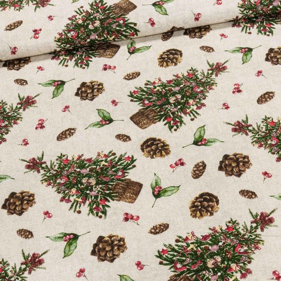 Směsové plátno vánoční 513030 UNICO ESTELIA, vánoční stromeček a šišky na režné, š.140cm (látka v metráži)