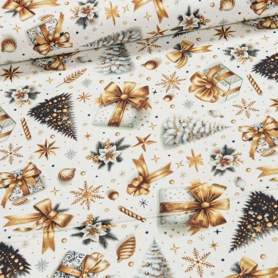 Směsové plátno vánoční 513032 5861 DIGITÁLNÍ TISK, vánoční stromeček a zlaté mašle na bílé, š.140cm (látka v metráži)