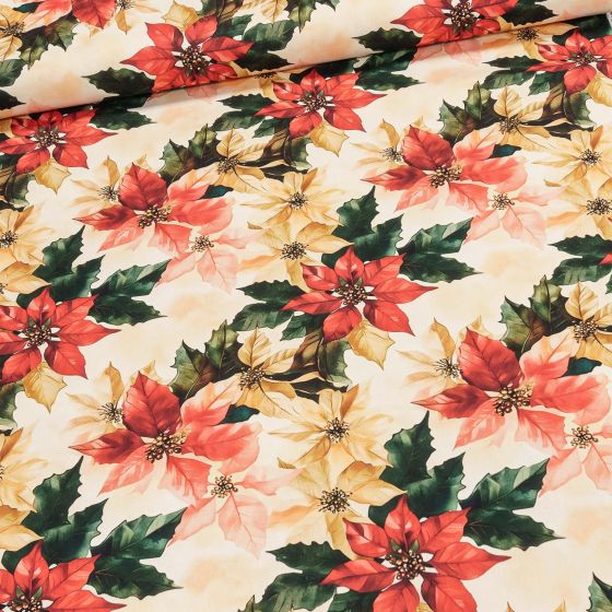Směsové plátno vánoční 513032 5874 DIGITÁLNÍ TISK, červená a béžová vánoční růže, š.140cm (látka v metráži)