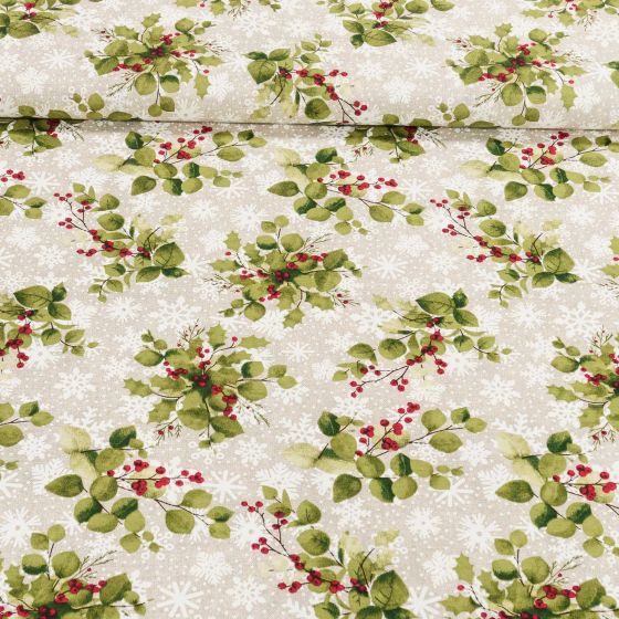 Směsové plátno vánoční CH25-006, mahonka na režném podkladu s vločkami, zelená, š.140cm (látka v metráži)