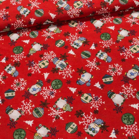 Směsové plátno vánoční DUNDI ČERVENÁ skřítci, vločky a baňky, š.140cm (látka v metráži)